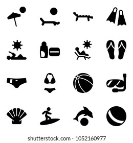Solid vector icon set - beach vector, lounger, flippers, reading, uv cream, flip flops, swimsuit, ball, diving, shell, surfing, dolphin