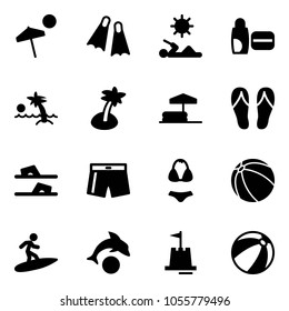 Solid vector icon set - beach vector, flippers, reading, uv cream, palm, inflatable pool, flip flops, swimsuit, ball, surfing, dolphin, sand castle