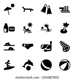 Solid vector icon set - beach vector, lounger, flippers, pool, uv cream, palm, flip flops, swimsuit, diving, shell, surfing, dolphin, ball
