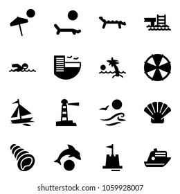 Solid vector icon set - beach vector, lounger, pool, swimming, hotel, palm, parasol, sail boat, lighthouse, waves, shell, dolphin, sand castle, cruiser