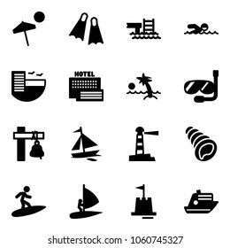 Solid vector icon set - beach vector, flippers, pool, swimming, hotel, sea, palm, diving, ship bell, sail boat, lighthouse, shell, surfing, windsurfing, sand castle, cruiser