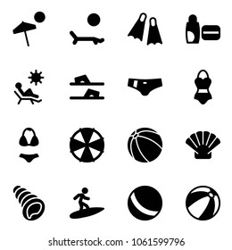 Solid vector icon set - beach vector, lounger, flippers, uv cream, flip flops, swimsuit, parasol, ball, shell, surfing