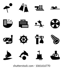 Solid vector icon set - beach vector, flippers, pool, swimming, hotel, sea, palm, parasol, diving, hand wheel, ship bell, shell, windsurfing, dolphin, sand castle, toy boat