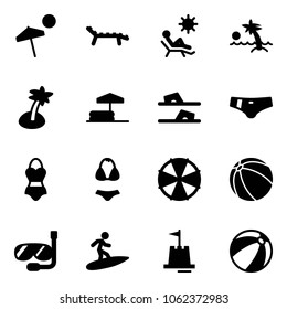 Solid vector icon set - beach vector, lounger, palm, inflatable pool, flip flops, swimsuit, parasol, ball, diving, surfing, sand castle