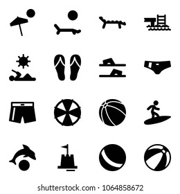 Solid vector icon set - beach vector, lounger, pool, reading, flip flops, swimsuit, parasol, ball, surfing, dolphin, sand castle