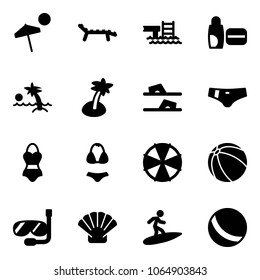 Solid vector icon set - beach vector, lounger, pool, uv cream, palm, flip flops, swimsuit, parasol, ball, diving, shell, surfing