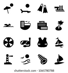 Solid vector icon set - beach vector, lounger, flippers, pool, swimming, hotel, sea, palm, parasol, diving, life vest, sail boat, lighthouse, waves, shell, windsurfing