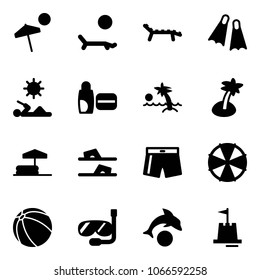 Solid vector icon set - beach vector, lounger, flippers, reading, uv cream, palm, inflatable pool, flip flops, swimsuit, parasol, ball, diving, dolphin, sand castle