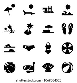 Solid vector icon set - beach vector, lounger, pool, reading, palm, inflatable, flip flops, swimsuit, parasol, ball, diving, shell