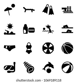 Solid vector icon set - beach vector, lounger, flippers, pool, reading, uv cream, palm, flip flops, swimsuit, parasol, ball, diving, shell, dolphin