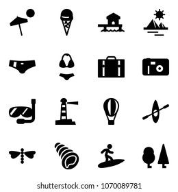 Solid vector icon set - beach vector, ice cream, bungalow, pyramid, swimsuit, suitcase, photo, diving, lighthouse, air balloon, kayak, dragonfly, shell, surfing, forest