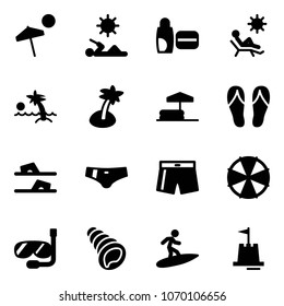 Solid vector icon set - beach vector, reading, uv cream, palm, inflatable pool, flip flops, swimsuit, parasol, diving, shell, surfing, sand castle