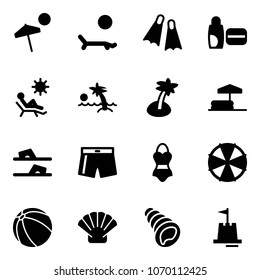 Solid vector icon set - beach vector, lounger, flippers, uv cream, palm, inflatable pool, flip flops, swimsuit, parasol, ball, shell, sand castle