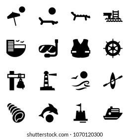 Solid vector icon set - beach vector, lounger, pool, hotel, diving, life vest, hand wheel, ship bell, lighthouse, waves, kayak, shell, dolphin, sand castle, cruiser