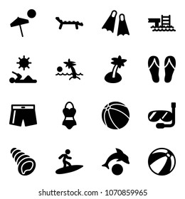 Solid vector icon set - beach vector, lounger, flippers, pool, reading, palm, flip flops, swimsuit, ball, diving, shell, surfing, dolphin
