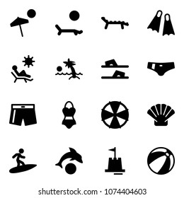 Solid vector icon set - beach vector, lounger, flippers, palm, flip flops, swimsuit, parasol, shell, surfing, dolphin, sand castle, ball