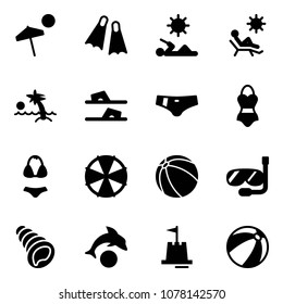 Solid vector icon set - beach vector, flippers, reading, palm, flip flops, swimsuit, parasol, ball, diving, shell, dolphin, sand castle