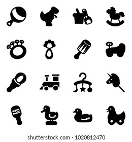 Solid vector icon set - beanbag vector, dinosaur toy, shovel bucket, rocking horse, baby car, train, carousel, unicorn stick, duck