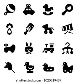 Solid vector icon set - beanbag vector, car toy, rocking horse, wheel, xylophone, baby, rabbit, train, carousel, unicorn stick, duck
