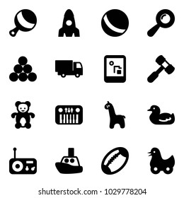 Solid vector icon set - beanbag vector, rocket, ball, billiards balls, truck toy, game console, hammer, bear, piano, giraffe, duck, radio, boat, football