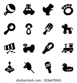 Solid vector icon set - beanbag vector, car toy, dinosaur, wheel horse, xylophone, baby, train, wirligig, unicorn stick, duck