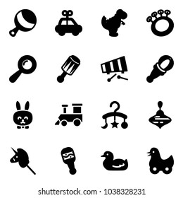 Solid vector icon set - beanbag vector, car toy, dinosaur, xylophone, rabbit, train, baby carousel, wirligig, unicorn stick, duck
