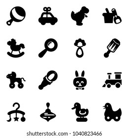 Solid vector icon set - beanbag vector, car toy, dinosaur, shovel bucket, rocking horse, wheel, rabbit, train, baby carousel, wirligig, duck