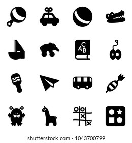 Solid vector icon set - beanbag vector, car toy, ball, crocodile, sailboat, elephant wheel, abc book, yoyo, paper plane, bus, dart, monster, giraffe, Tic tac toe, cube hole