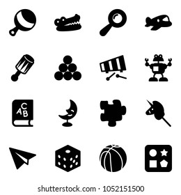 Solid vector icon set - beanbag vector, crocodile, plane toy, billiards balls, xylophone, robot, abc book, moon lamp, puzzle, unicorn stick, paper, bones, basketball, cube hole