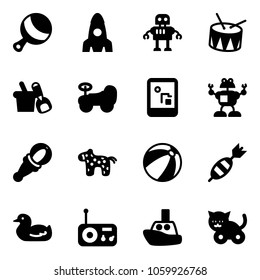 Solid vector icon set - beanbag vector, rocket, robot, drum, shovel bucket, baby car, game console, toy horse, beach ball, dart, duck, radio, boat, cat