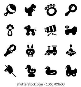 Solid vector icon set - beanbag vector, dinosaur toy, wheel horse, xylophone, baby car, rabbit, train, wirligig, unicorn stick, duck
