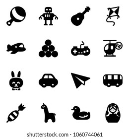 Solid vector icon set - beanbag vector, robot, guitar, kite, plane toy, billiards balls, gamepad, helicopter, rabbit, car, paper, bus, dart, giraffe, duck, russian doll