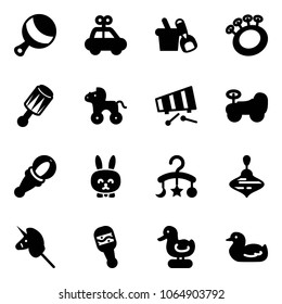 Solid vector icon set - beanbag vector, car toy, shovel bucket, wheel horse, xylophone, baby, rabbit, carousel, wirligig, unicorn stick, duck