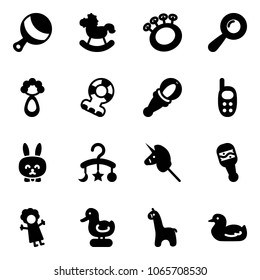 Solid vector icon set - beanbag vector, rocking horse, teethers, phone toy, rabbit, baby carousel, unicorn stick, doll, duck, giraffe