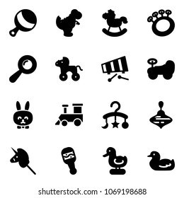 Solid vector icon set - beanbag vector, dinosaur toy, rocking horse, wheel, xylophone, baby car, rabbit, train, carousel, wirligig, unicorn stick, duck