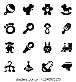 Solid Vector Icon Set - Beanbag Vector, Dinosaur Toy, Bear, Rocking Horse, Doll, Rabbit, Train, Baby Carousel, Wirligig, Soother, Water Gun