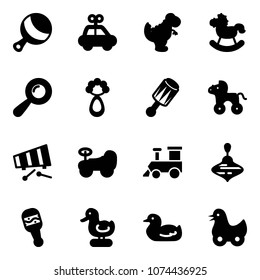 Solid vector icon set - beanbag vector, car toy, dinosaur, rocking horse, wheel, xylophone, baby, train, wirligig, duck