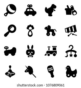 Solid vector icon set - beanbag vector, car toy, dinosaur, shovel bucket, wheel horse, xylophone, baby, rabbit, train, carousel, wirligig, unicorn stick, duck