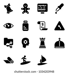 Solid vector icon set - bell vector, cake man, diagnostic monitor, pipette, eye, pills bottle, account history, turn left road sign, shared folder, brain work, chess tower, crown, mat, surfing