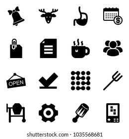 Solid vector icon set - bell vector, christmas deer, stomach, calendar, attachment, document, hot tea, group, open, check, circuit, farm fork, cocncrete mixer, gear, beanbag, game console