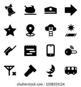 Solid vector icon set - bell vector, turkey, doctor hat, right arrow, star, map pin, cloud ladder, mat, suitcase, terms plan, mobile phone, wireless key, no signal, bolt, moon lamp, toy bus