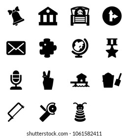 Solid vector icon set - bell vector, bank, money chest, only forward right road sign, mail, puzzle, globe, star medal, microphone, victory, bungalow, bucket scoop, metal hacksaw, Angular grinder