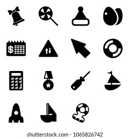 Solid vector icon set - bell vector, lollipop, christmas hat, eggs, finance calendar, oncoming traffic road sign, cursor, lifebuoy, calculator, star medal, screwdriver, sailboat toy, rocket