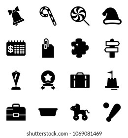 Solid vector icon set - bell vector, lollipop, christmas hat, finance calendar, attachment, puzzle, signpost, pennant, star medal, suitcase, sand castle, case, basin, wheel horse, baseball bat