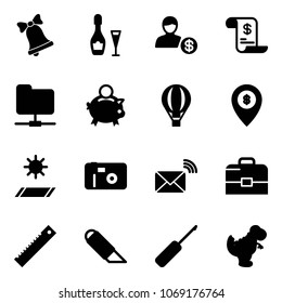 Solid vector icon set - bell vector, wine, account, history, network folder, piggy bank, air balloon, atm map pin, mat, photo, wireless mail, case, ruler, work knife, awl, dinosaur toy