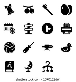 Solid vector icon set - bell vector, rowanberry, tooth brush, eggs, calendar, road signpost sign, only forward right, printer, volleyball, screwdriver, pipe welding, duck toy, abc book, moon lamp