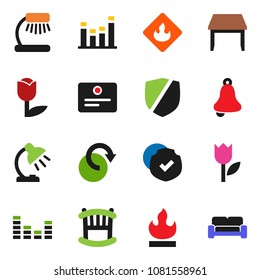 solid vector icon set - bell vector, table lamp, certificate, tulip, protected, flammable, equalizer, redo, crib, cushioned furniture