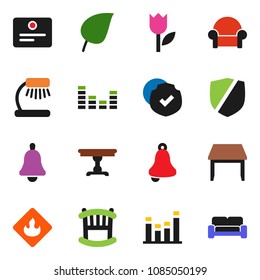 solid vector icon set - bell vector, table lamp, certificate, leaf, tulip, protected, flammable, equalizer, crib, cushioned furniture