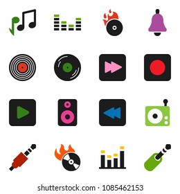 solid vector icon set - bell vector, music, disk, hit, radio, equalizer, speaker, play button, forward, backward, rec, jack