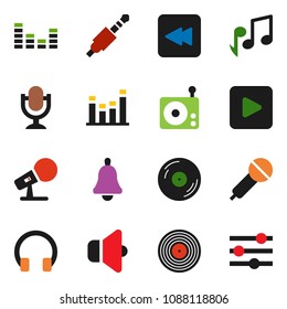 solid vector icon set - bell vector, music, disk, microphone, radio, speaker, equalizer, headphones, play button, backward, jack